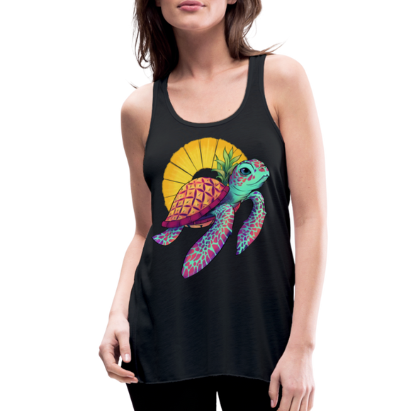 Women's Tropical Pineapple Sea Turtle  Flowy Tank Top by Bella - black